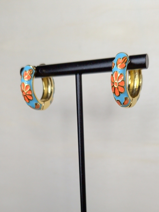 Jewelry - 18k Gold Filled Hoop Earrings with Turquoise & Orange Floral Enamel